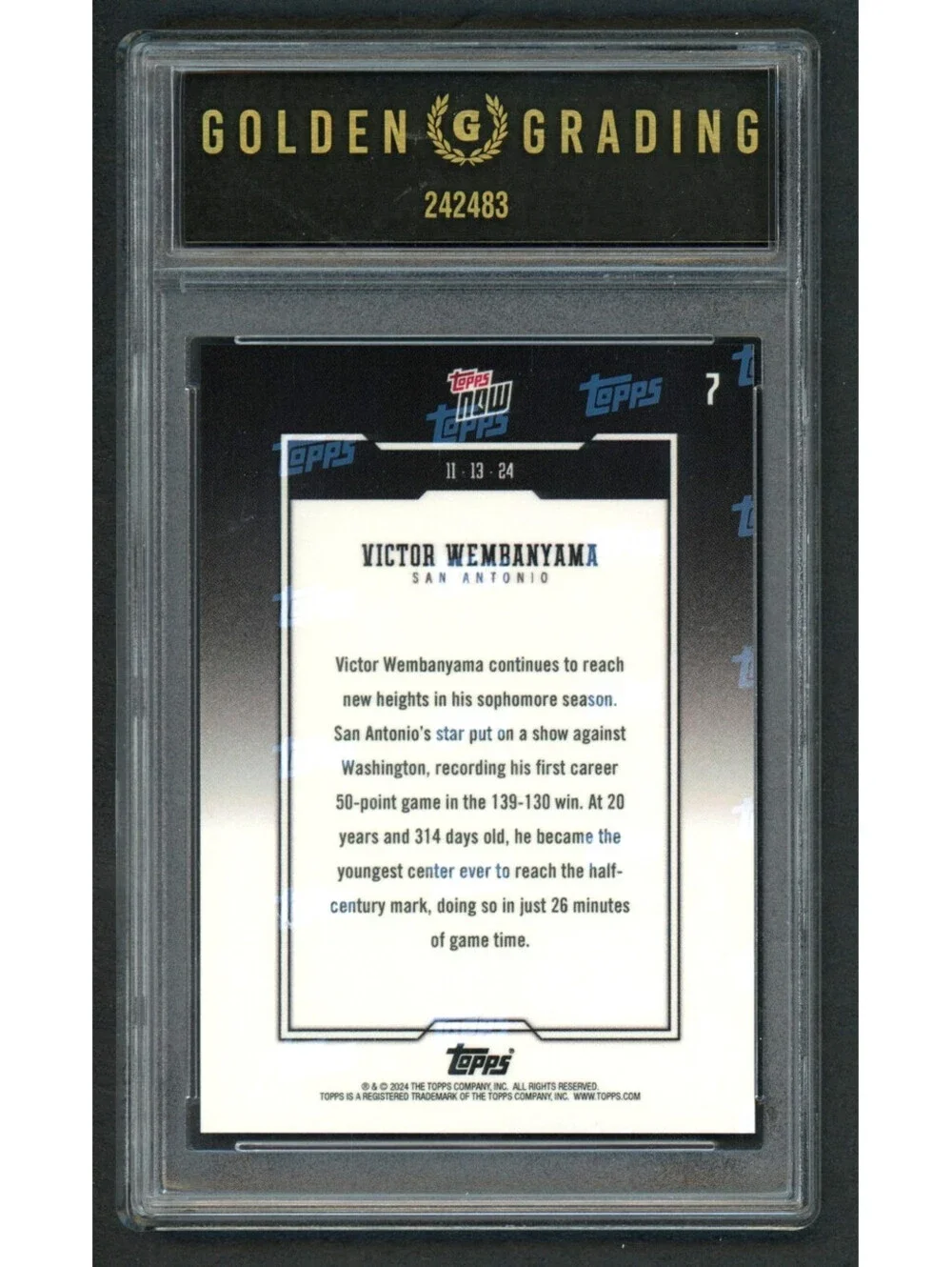 2024-25 Topps Now #7 Victor Wembanyama Spurs 50 Pts. Game Gem Mint 10